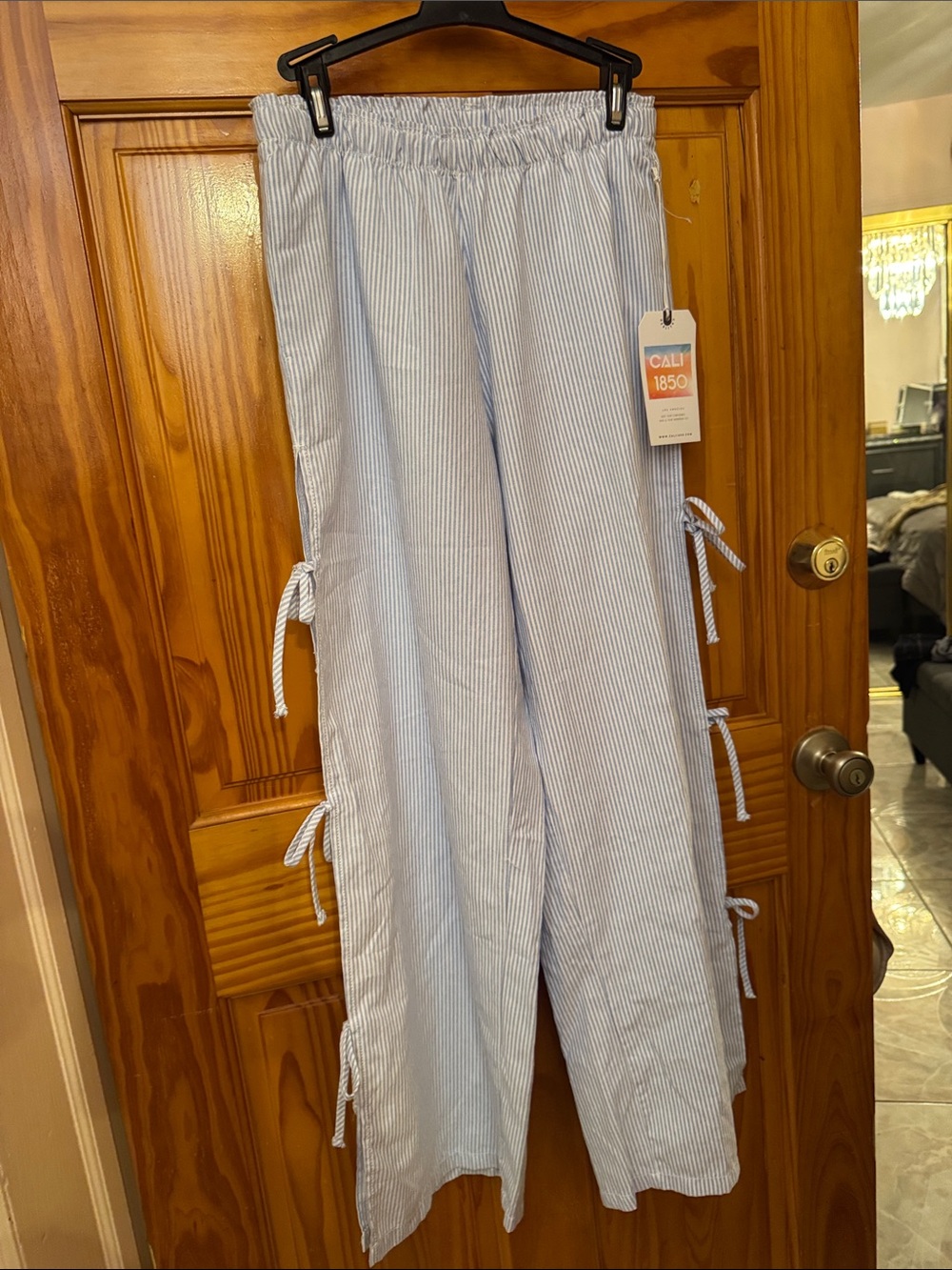 Light Blue and White Striped Tie-Side Wide Leg Pants